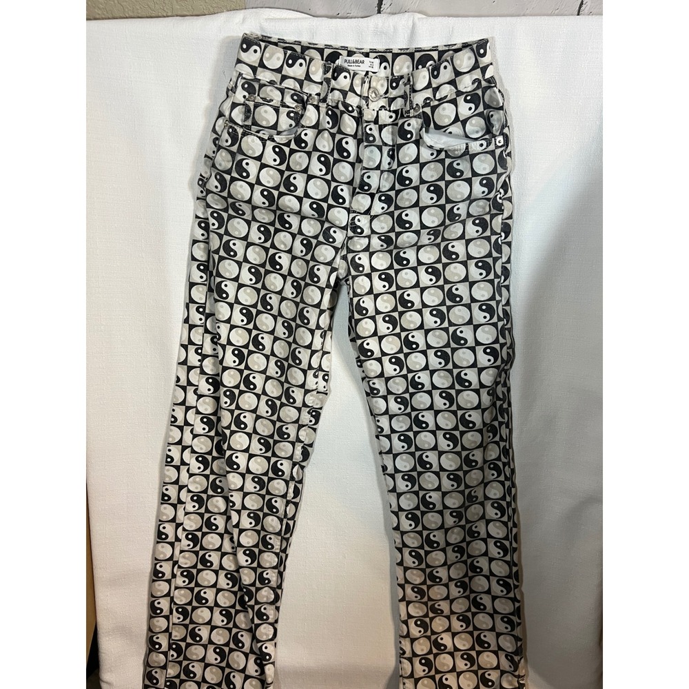 Pull&Bear Yin Yang Checkerboard Print Straight Leg Jeans Black White Size US 4
